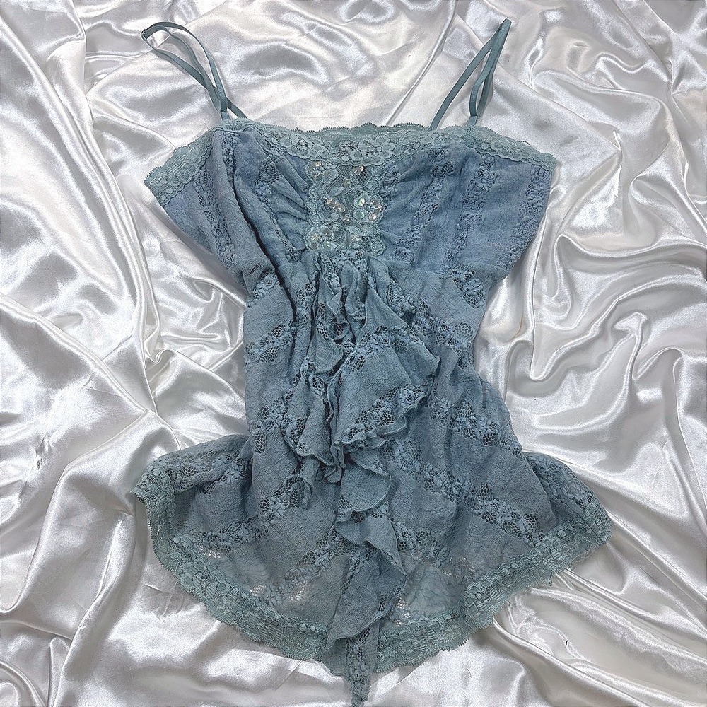 y2k XOXO Cami Top Blue Excellent Lace Ruffle Sequin Coquette Camisole
